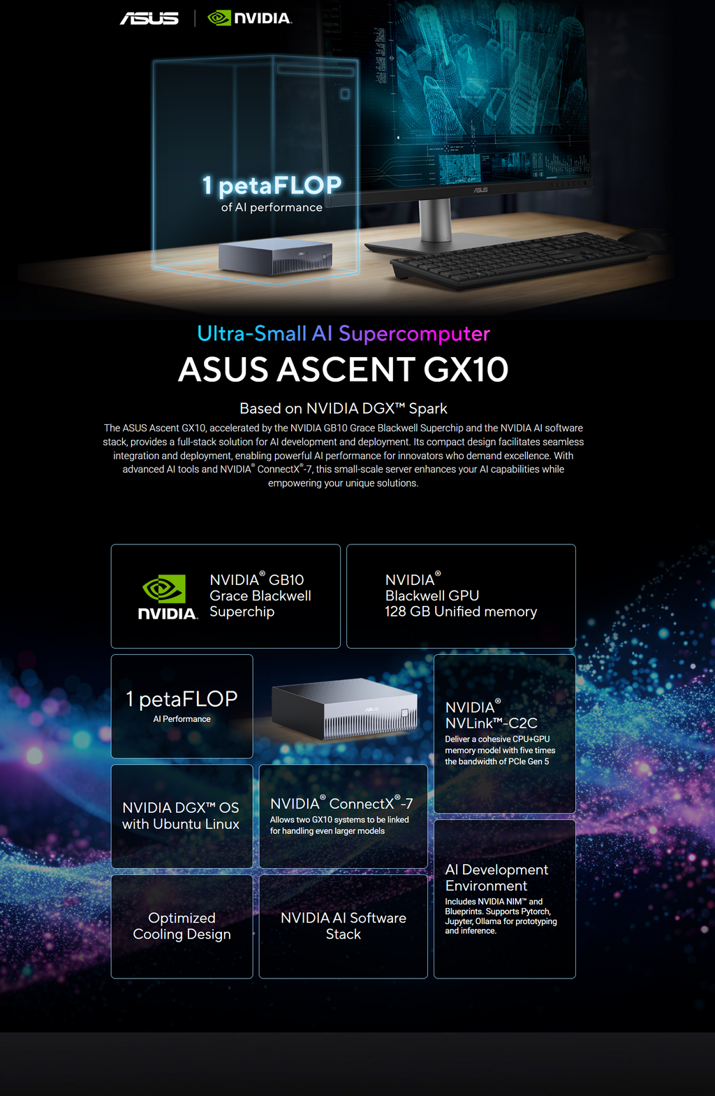 ASUS Ascent GX10 Personal AI Workstation, NVIDIA Grace Blackwell Superchip, 2000 B Parameter Fine-Tune Ready, Whisper-Quiet 1.1 L Mini Tower