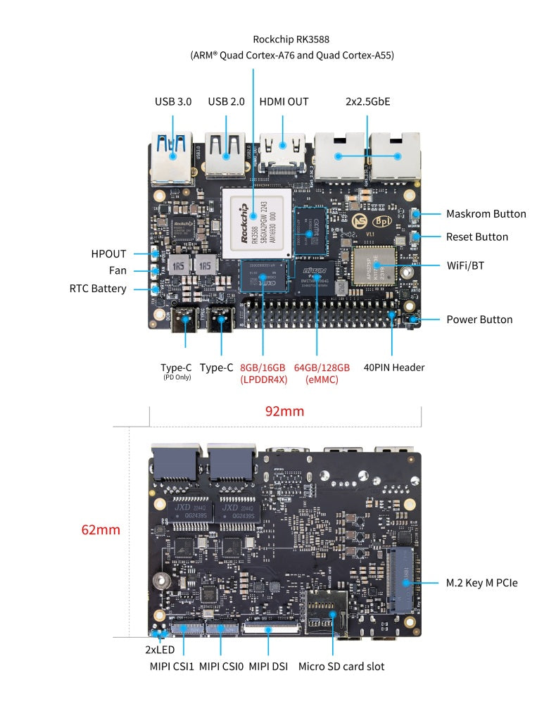 Banana Pi BPI-M7 - 92mm x 62mm Single Board Computer - 8K Vedio, Dual 2.5GbE OS Support: Android, Debian, Buildroot, Armbian, Ubuntu, Kylin OS - Rockchip RK3588