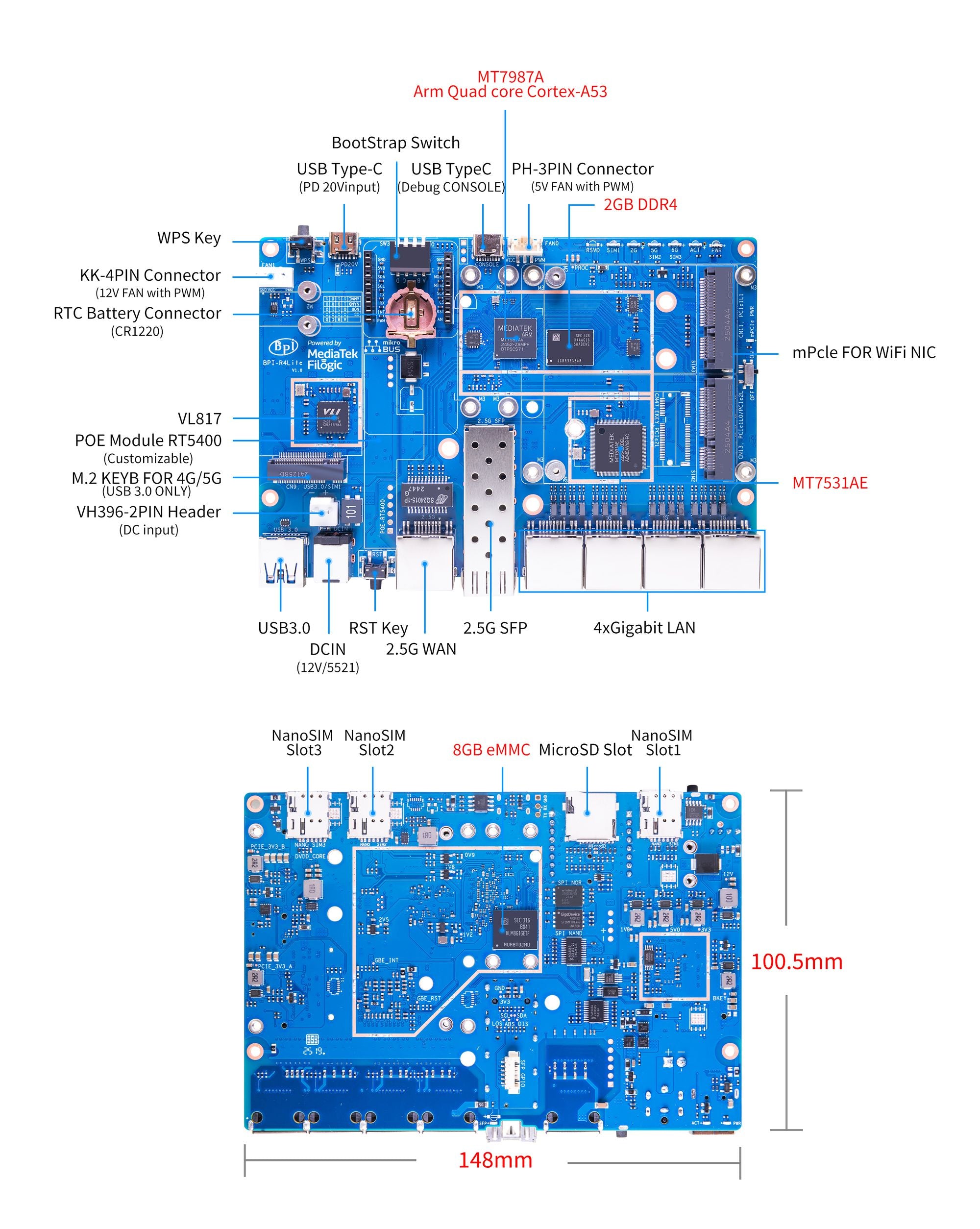 Banana Pi BPI-R4 Lite - 2.5G SFP & RJ45 WAN, 4x 1G LAN, Superior Network Connectivity Industrial Single-board Computer - OpenWrt Router