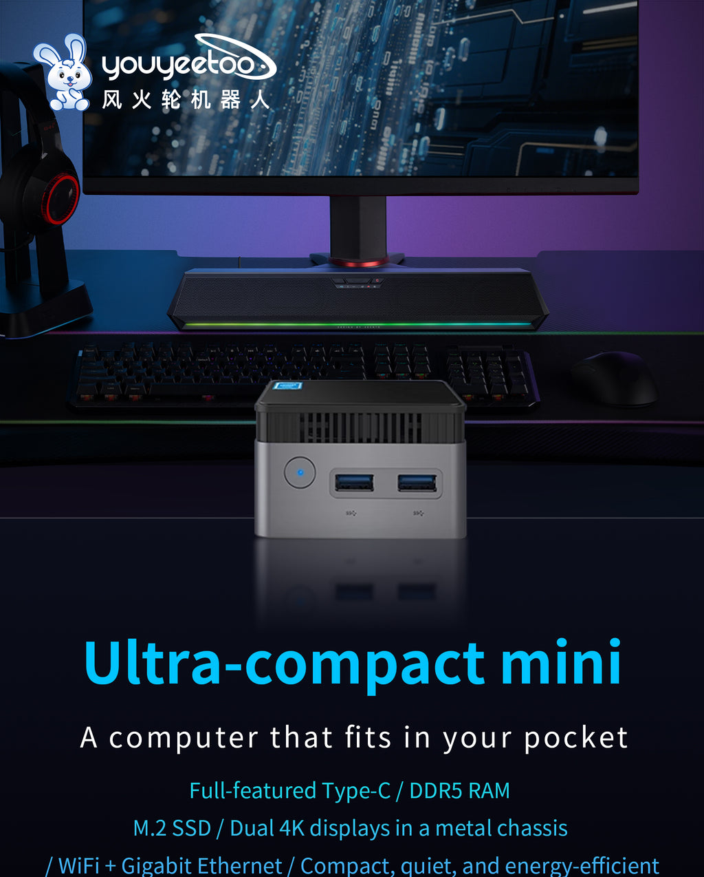 Intel N150 MINI PC youyeetoo BY53, 12GB LPDDR5, Fanless Windows 11 Pro Micro Computer, 128GB–2TB NVMe Options, 4K Dual HDMI, Gigabit Ethernet, VESA Mount Small Desktop for Home/Office