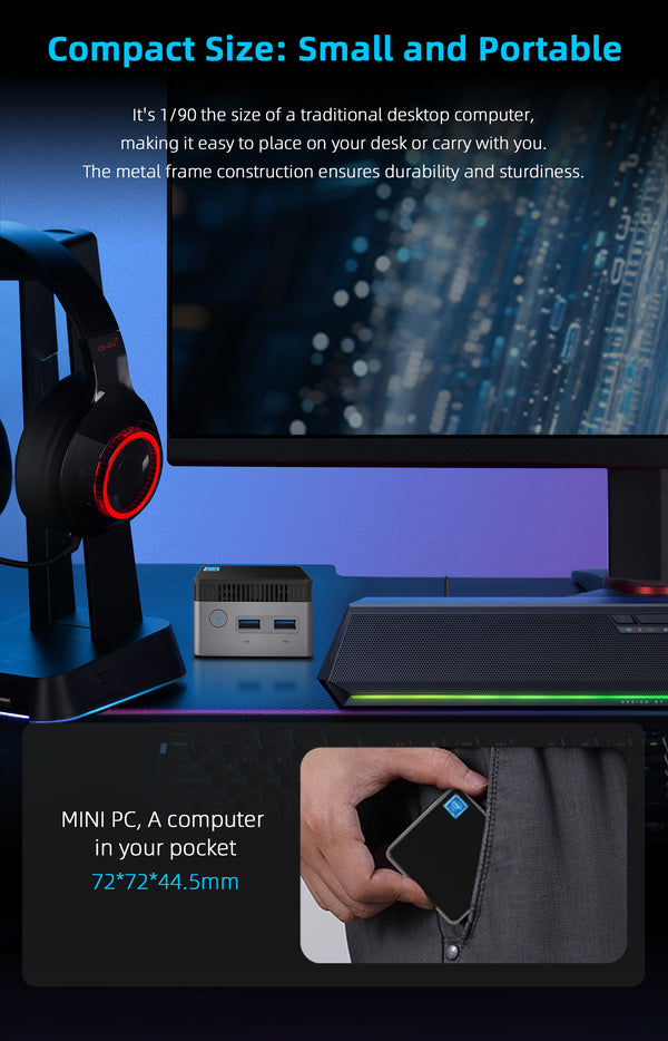 Intel N150 MINI PC youyeetoo BY53, 12GB LPDDR5, Fanless Windows 11 Pro Micro Computer, 128GB–2TB NVMe Options, 4K Dual HDMI, Gigabit Ethernet, VESA Mount Small Desktop for Home/Office