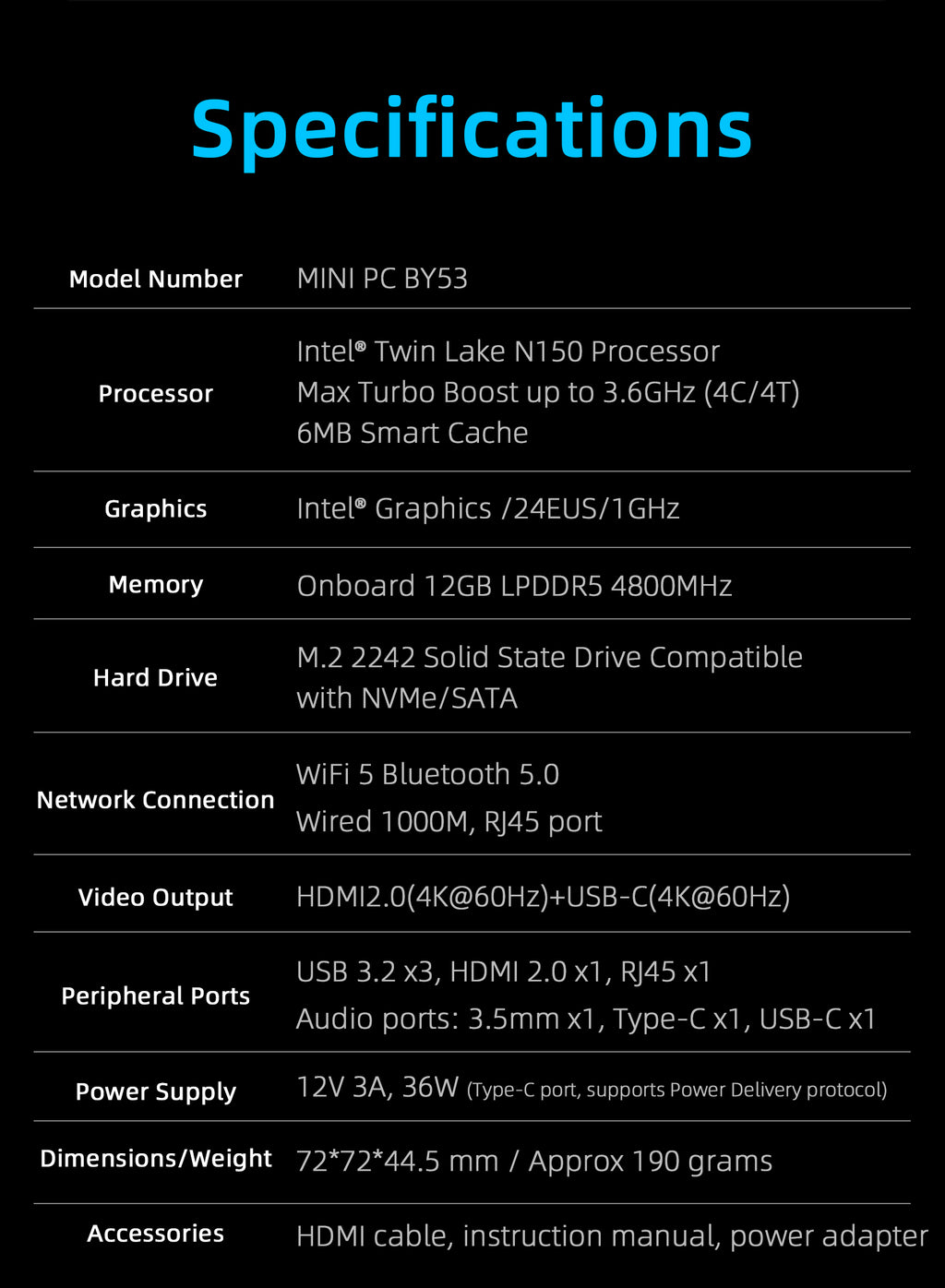 Intel N150 MINI PC youyeetoo BY53, 12GB LPDDR5, Fanless Windows 11 Pro Micro Computer, 128GB–2TB NVMe Options, 4K Dual HDMI, Gigabit Ethernet, VESA Mount Small Desktop for Home/Office