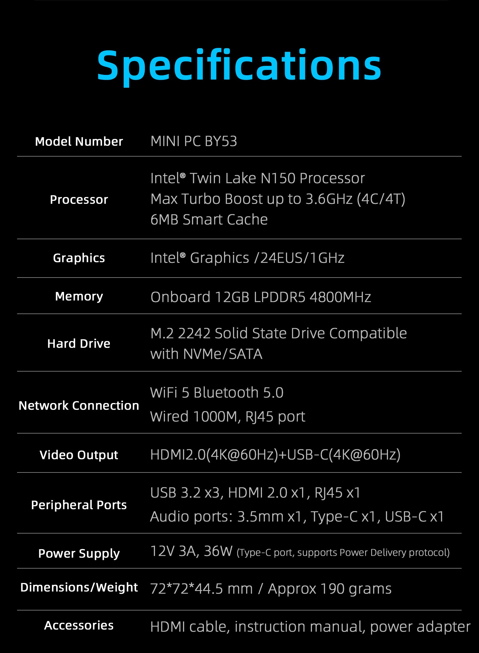 Intel N150 MINI PC youyeetoo BY53, 12GB LPDDR5, Fanless Windows 11 Pro Micro Computer, 128GB–2TB NVMe Options, 4K Dual HDMI, Gigabit Ethernet, VESA Mount Small Desktop for Home/Office