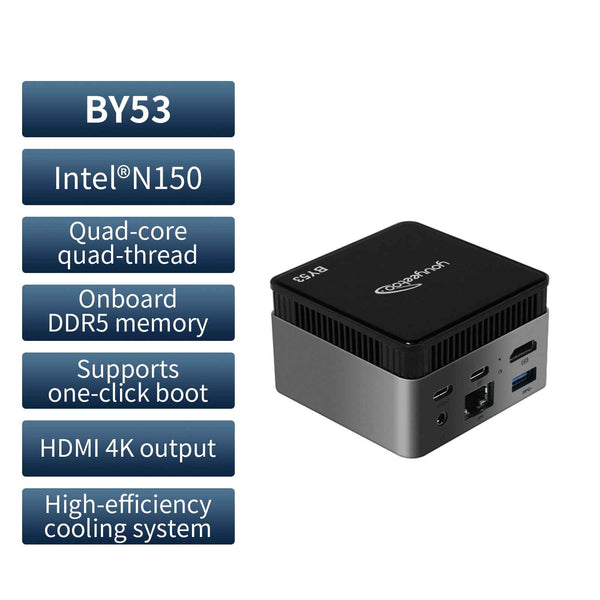 Intel N150 MINI PC youyeetoo BY53, 12GB LPDDR5, Fanless Windows 11 Pro Micro Computer, 128GB–2TB NVMe Options, 4K Dual HDMI, Gigabit Ethernet, VESA Mount Small Desktop for Home/Office