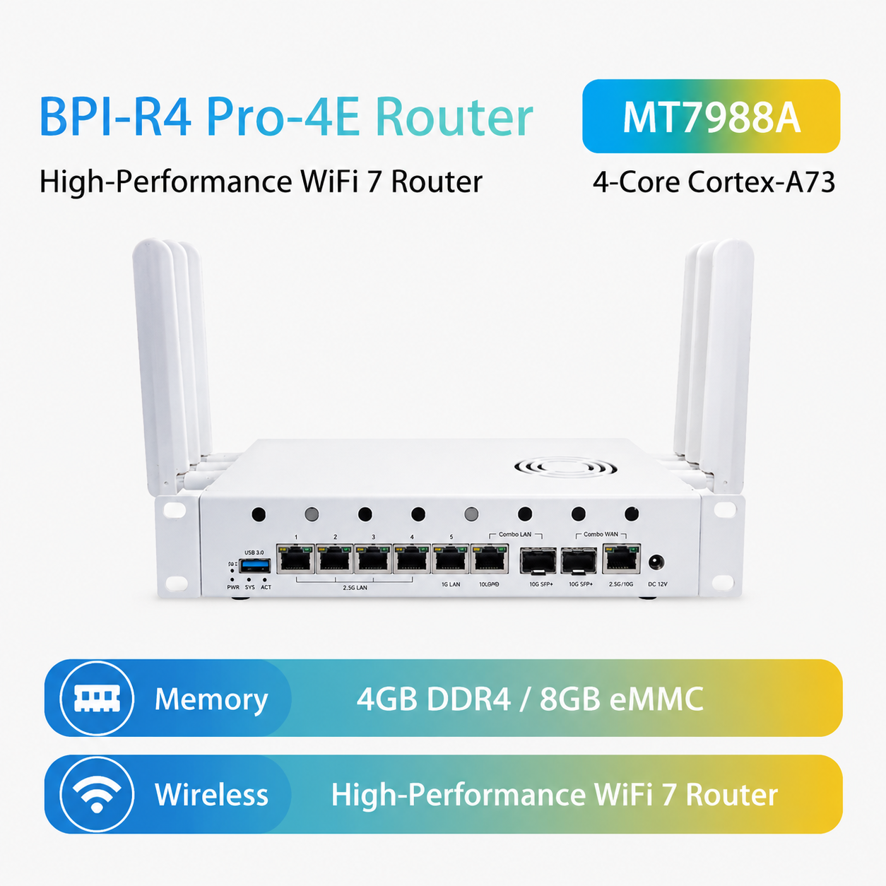 Banana Pi BPI‑R4 Pro 4E  WiFi 7 Router Development Board, MediaTek MT7988A Quad‑Core Cortex‑A73 4GB DDR4, OpenWrt Compatible
