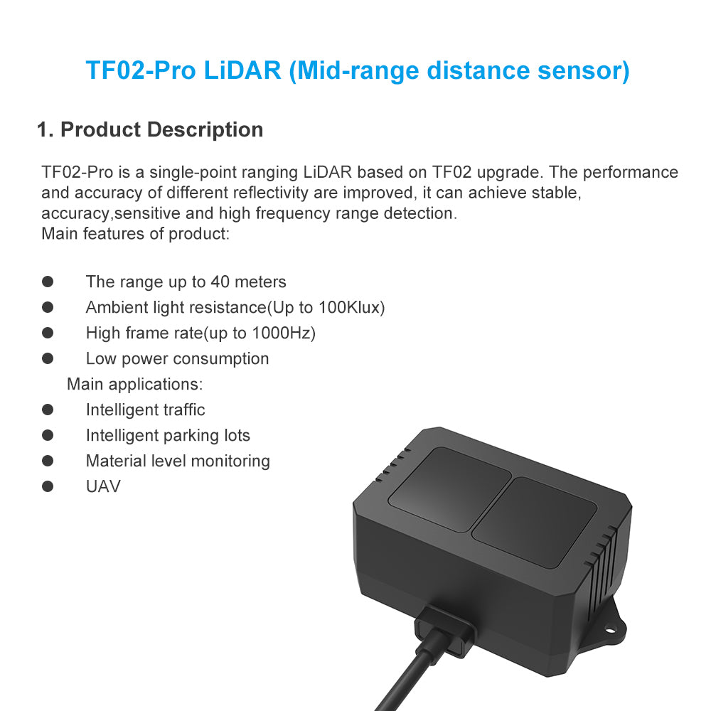 Benewake TF02-Pro - 40 Meters, UART/I2C, IP65, 1000Hz, TOF, Single Point, Indoor/Outdoor/Robot - Lidar Sensor