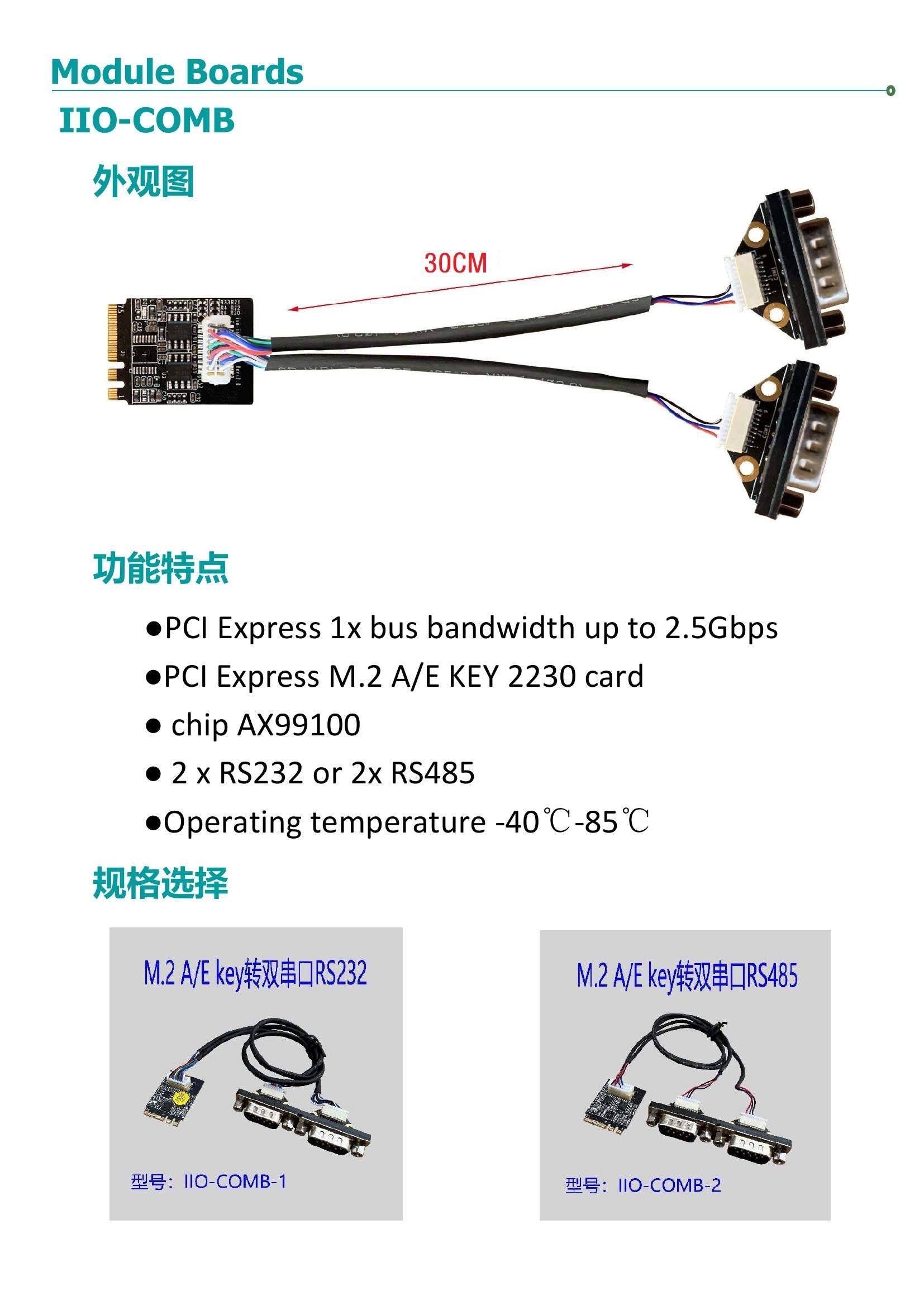 youyeetoo IIO-COMB-1-2, Wide-Temp M.2 A+E Key Serial Expansion Card, 2×RS232 or 2×RS485, 30 cm Cable Secondary image