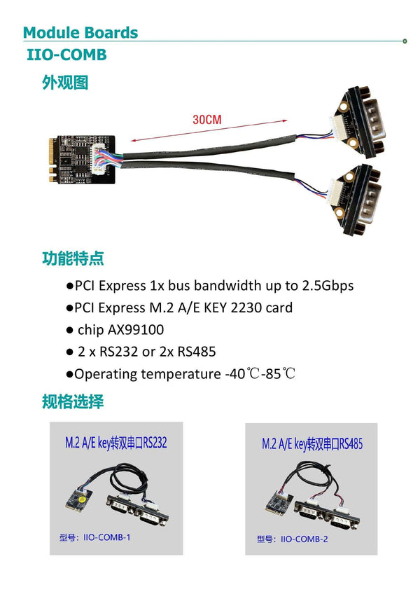 youyeetoo IIO-COMB-1-2, Wide-Temp M.2 A+E Key Serial Expansion Card, 2×RS232 or 2×RS485, 30 cm Cable