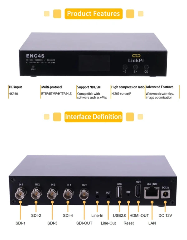 LinkPi ENC4S NDI Encoder - 4x SDI Encoder, 4K Decoder SRT, NDI, RTMP Live Streaming
