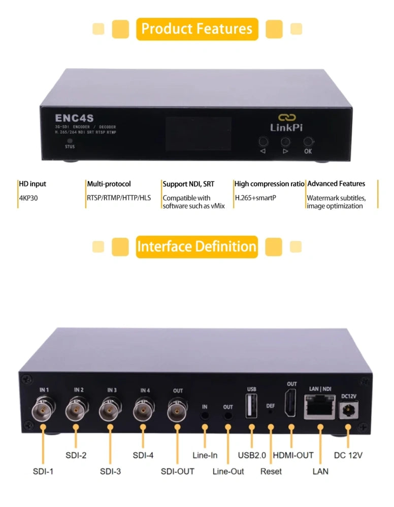 LinkPi ENC4S NDI Encoder - 4x SDI Encoder, 4K Decoder SRT, NDI, RTMP Live Streaming Main image