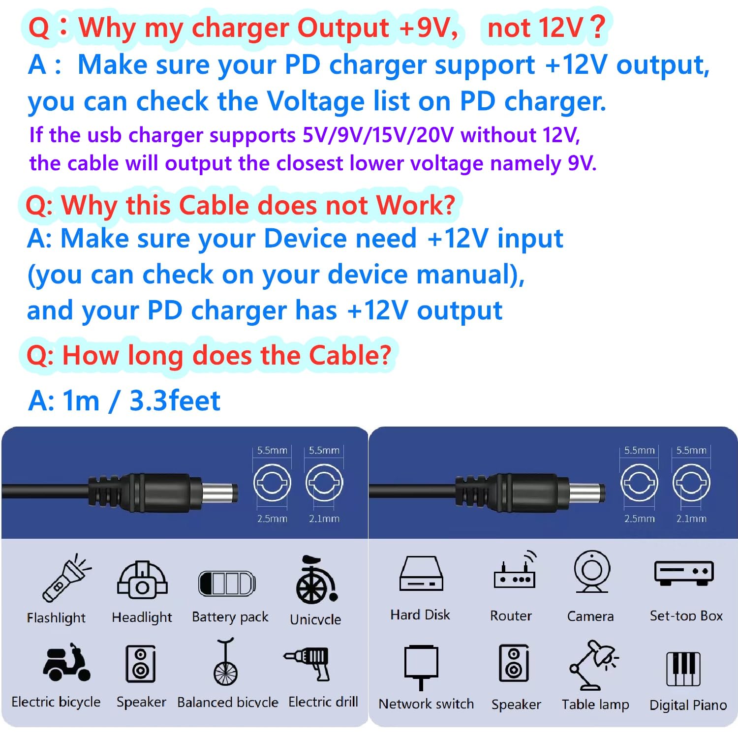 USB Type C to DC 5.5mm x 2.5mm Power Cable - PD to DC 12V, E-mark, work with PD Charger and PD Power bank.