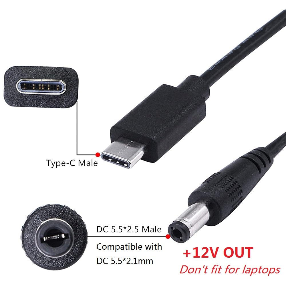 USB Type C to DC 5.5mm x 2.5mm Power Cable - PD to DC 12V, E-mark, work with PD Charger and PD Power bank.