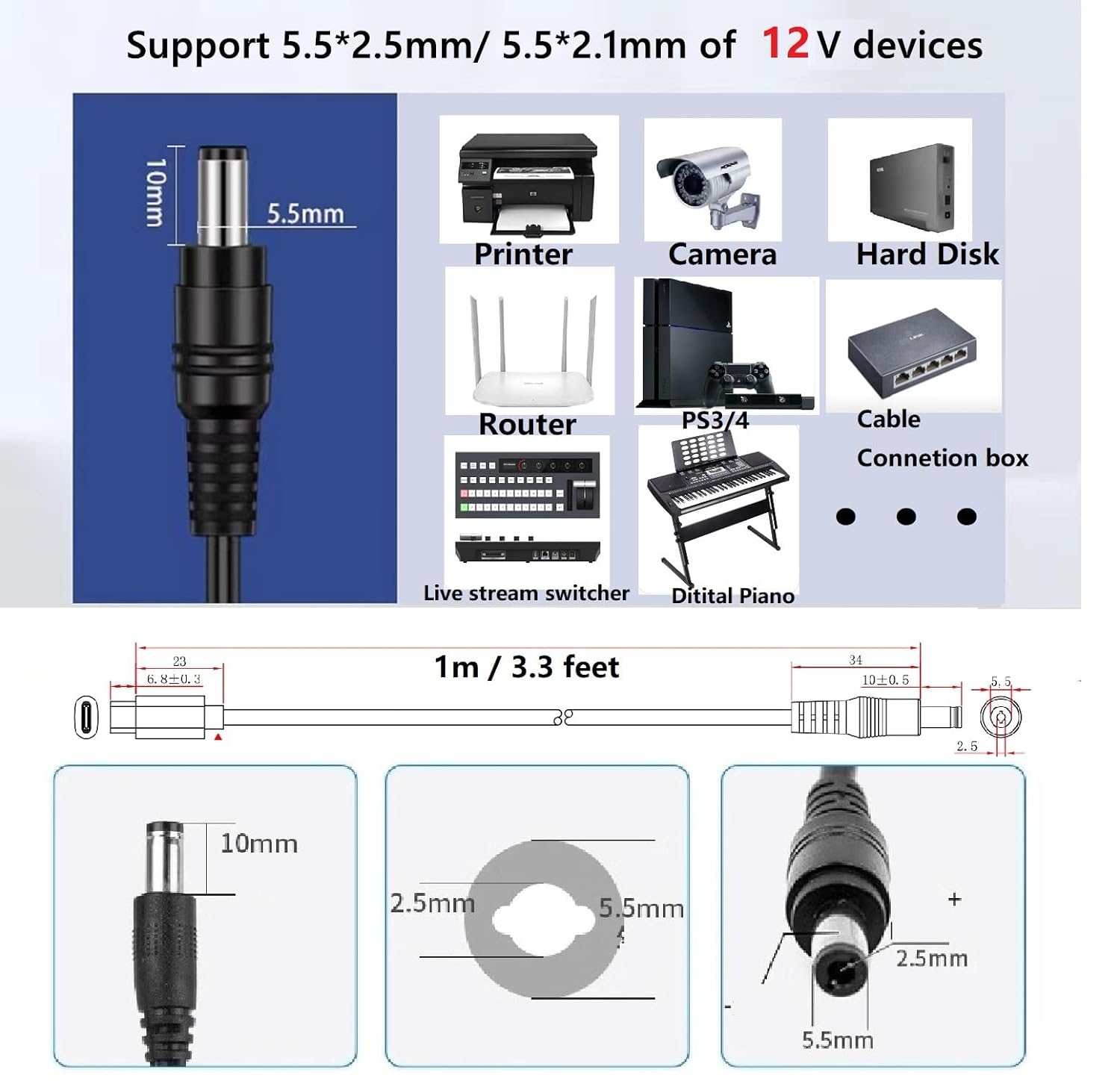 USB Type C to DC 5.5mm x 2.5mm Power Cable - PD to DC 12V, E-mark, work with PD Charger and PD Power bank.
