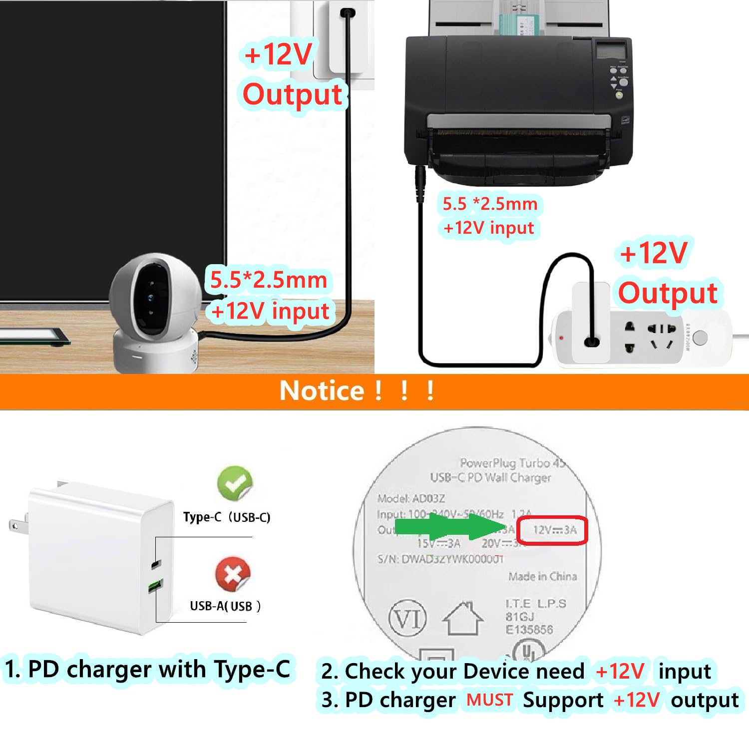 USB Type C to DC 5.5mm x 2.5mm Power Cable - PD to DC 12V, E-mark, work with PD Charger and PD Power bank.