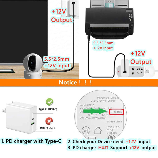 USB Type C to DC 5.5mm x 2.5mm Power Cable - PD to DC 12V, E-mark, work with PD Charger and PD Power bank.